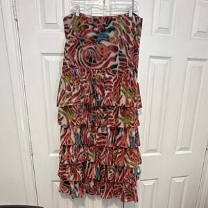 Tunique Women's Multicolor Abstract Tiered Ruffle Chiffon Long Skirt XL